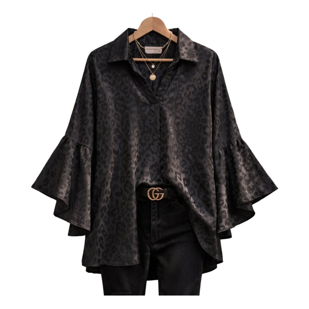 NWOT Savanna Jane Black Leopard Tunic Bell Sleeves | Large Boho-Chic Whimsigoth